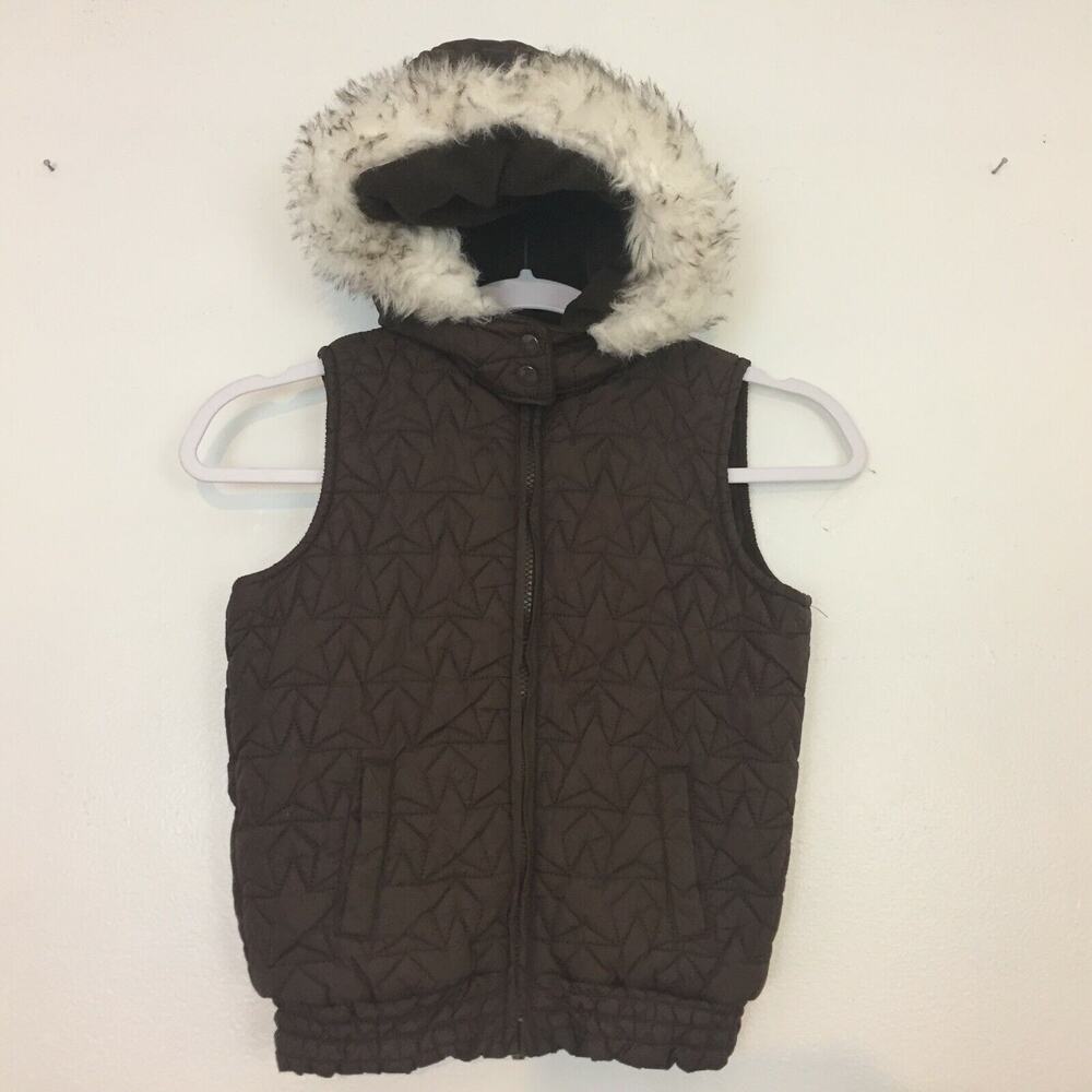 Y2K Gymboree Girl Vest Size M (7/8) Faux Fur Trim Jacket Quilt Brown Hoodie